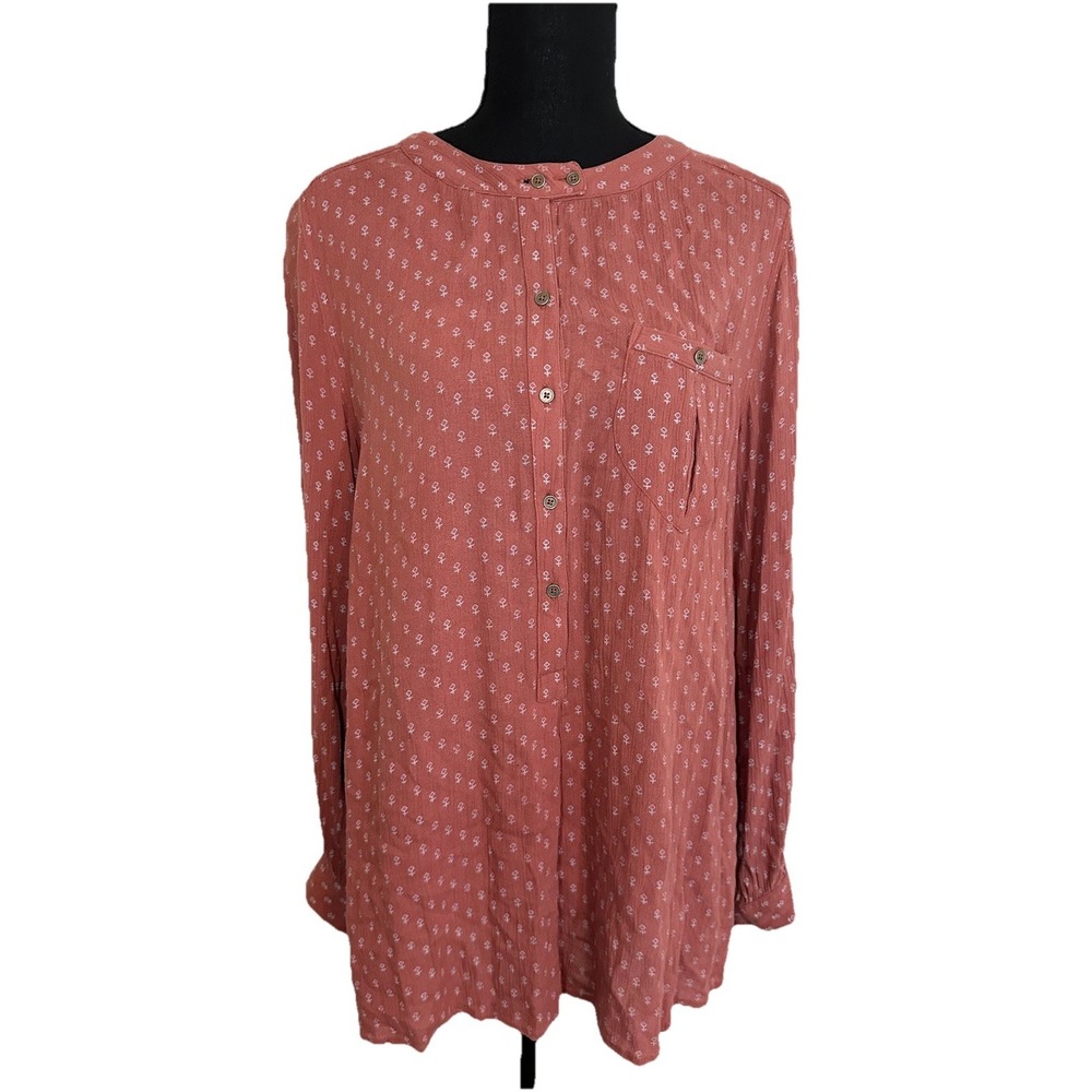Free People Women's Small Oversized Mauve Printed Hi Low Boho Long Sleeve Blouse